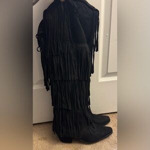 Black Fringe Knee-High Boots